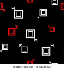 Abstract seamless texture. Red and white squares on a black background. For decorating interiors and views in an abstract geometric style and creating prints on fabrics and packaging.