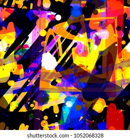 Abstract seamless texture. Red, yellow, blue, black, white colors. Curved stripes and spots. Scribble pattern. Vector background for web page, banners backdrop, fabric, home decor, wrapping