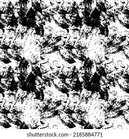 Abstract seamless texture. Rough grungy brush imprints. Overlapping black messy dry paint technique brushstrokes on white background. Dirty stains print.