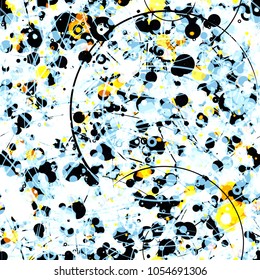 Abstract seamless texture with spots, circles, rings, circle lines. Blue, yellow,  black, white colors. Vector background for web page, banners backdrop, fabric, home decor, wrapping