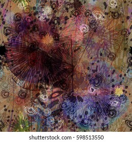 Abstract seamless texture with stylized floral elements. Watercolor effect. Vector background for fabric, wrapping, boho design