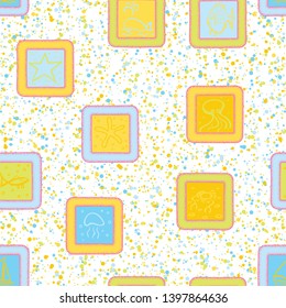 Abstract seamless texture that consists of painted marine objects in the frame and abstract background.