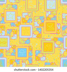 Abstract seamless texture that consists of painted marine objects in the frame and abstract background.