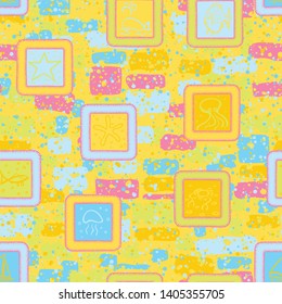 Abstract seamless texture that consists of painted marine objects in the frame and abstract background.