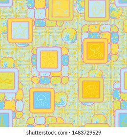 Abstract seamless texture that consists of painted marine objects in the frame and abstract background.