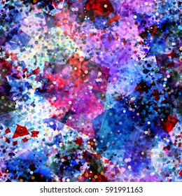 Abstract seamless texture with transparent triangles and small circles. Blue, purple, white, black colors. 