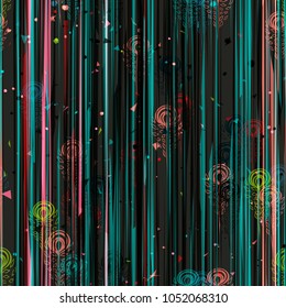 Abstract seamless texture. Vertical lines and decorative elements. Pink, sea green black colors. Vector background for web page, banners backdrop, fabric, home decor, wrapping