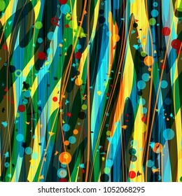 Abstract seamless texture. Vertical wavy stripes and lines, circles. Blue, orange, green, black colors. Vector background for web page, banners backdrop, fabric, home decor, wrapping