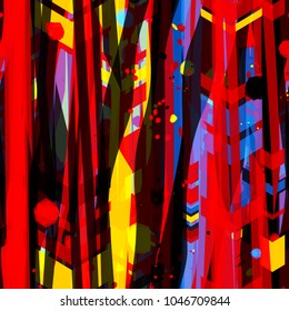 Abstract seamless texture. Wavy stripes, arrows, spots. Red, black, yellow, blue, orange colors.  Vector background for web page, banners backdrop, fabric, home decor, wrapping