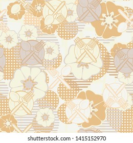 Abstract seamless texture, which consists of painted kitchen utensils and abstract background. Editable.