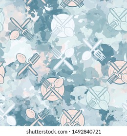Abstract seamless texture, which consists of painted kitchen utensils and abstract background. Editable.
