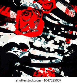 Textura abstracta sin fisuras. Color blanco, negro y rojo. Rosas, rayas curvadas, manchas, burbujas se mezclan al azar. Antecedentes vectoriales abstractos para tela, decoración doméstica, envoltura, diseño de amor y niñas, tarjeta de saludo