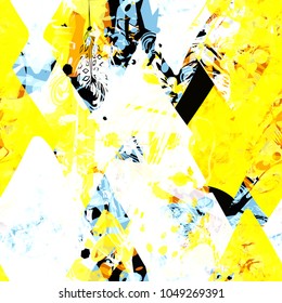 Abstract seamless texture. Yellow , black, blue, white colors. Hand drawn rhombus and different elements. Abstract vector background for web page, banners backdrop, fabric, home decor, wrapping
