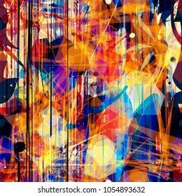 Abstract seamless texture. Yellow, blue, black, white, red colors. Blots, triangles, lines. Vector background for web page, banners backdrop, fabric, home decor, wrapping