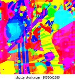 Abstract seamless texture. Yellow, blue, green, purple, red colors. Bright pattern. Blots, stripes and stains. Vector background for web page, banners backdrop, fabric, home decor, wrapping