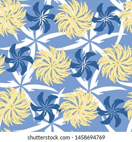 Abstract seamless texture of yellow and blue elements on a white background. Vector print to decorate fabrics, tiles.