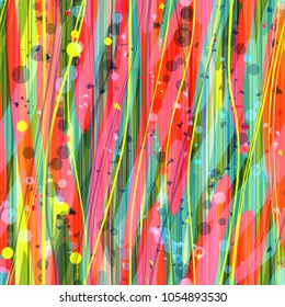 Abstract seamless texture. Yellow, green, pink, red colors. Circles, wavy stripes and lines. Vector background for web page, banners backdrop, fabric, home decor, wrapping