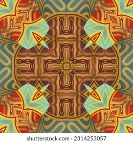 Abstract seamless textured background in beautiful red blue yellow gold stripes