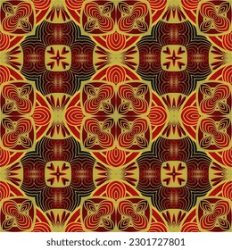 Abstract seamless textured background in red with gold stripes