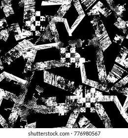 Abstract seamless textured pattern with shabby curved lines, squares. Grunge Monochrome repeated backdrop for textile, clothes, wrapping paper. Threadbare wallpaper