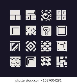 Abstract seamless tiles logo set pixel art style background. Isolated vector monochrome illustration. 8-bit. Design for stickers, logo, mobile app.