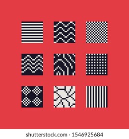 Abstract seamless tiles logo set pixel art style background. Isolated vector monochrome illustration. 8-bit. Design for stickers, logo, mobile app.