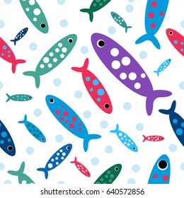 Abstract seamless tiling pattern texture with crazy color fish, blue radial bubbles on white background. Endless vector minimal ornament for wallpaper, wrapping paper, surface texture, pattern fill