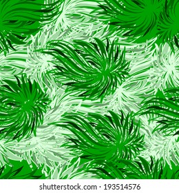 Abstract seamless tropic background with green stylized palm tree leaves. Exotic summer hot pattern of herbal elements. Bright tropical jungle foliage wallpaper design. Vector illustration. 