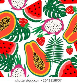 abstract seamless tropical fruit pattern papaya, dragon fruit, watermelon, strawberry palm leaves on white background for summer textile surface web design