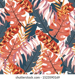 Abstract seamless tropical pattern with beautiful red and gray leaves and plants on white background. 
Summer colorful hawaiian seamless pattern with tropical plants. 
Tropic leaves in bright colors.
