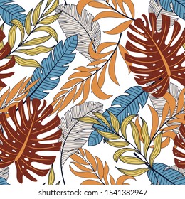 Abstract seamless tropical pattern with beautiful Burgundy and orange plants and leaves on a light background. Beautiful print with hand drawn exotic plants. Trendy summer Hawaii print.