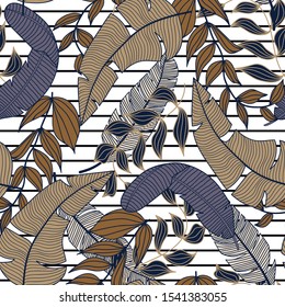 Abstract seamless tropical pattern with beautiful beige and orange plants and leaves on white background. 
Seamless pattern with colorful leaves and plants. Tropic leaves in bright colors.