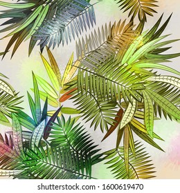 Abstract seamless tropical pattern with beautiful leaves and plants. Jungle print. Floral background. Seamless pattern with colorful leaves and plants.