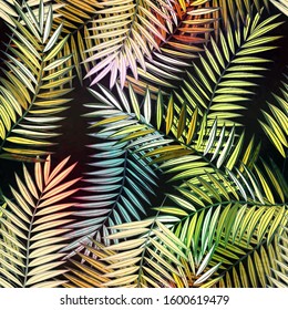 Abstract seamless tropical pattern with beautiful leaves and plants. Jungle print. Floral background. Seamless pattern with colorful leaves and plants.
