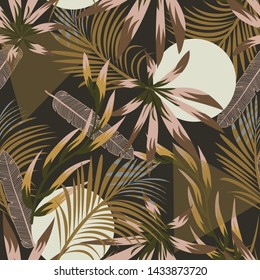 Abstract seamless tropical pattern with bright leaves and plants on brown background. Vector design. Jungle print. Floral background. Printing and textiles. Exotic tropics. Summer design.