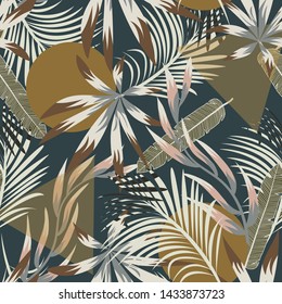 Abstract seamless tropical pattern with bright leaves and plants on blue background. Vector design. Jungle print. Floral background. Printing and textiles. Exotic tropics. Summer design.