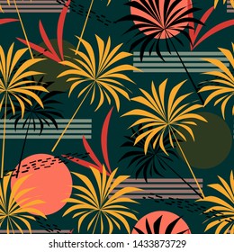 Abstraktes, nahtloses tropisches Muster mit hellen Blättern, Palmen und Pflanzen auf grünem Hintergrund. Vektordesign. Dschungeldruck. Blumenhintergrund. Druck und Textilien. Exotische Tropen. Sommerdesign.