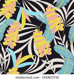 Abstract seamless tropical pattern with bright leaves and plants on a dark pastel background. Vector design. Jungle print. Floral background. Printing and textiles. Exotic tropics. Summer design.