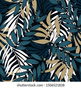 Abstract seamless tropical pattern with bright yellow and beige plants and leaves 