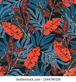 Abstract seamless tropical pattern with bright red and blue plants and leaves on dark background. Modern abstract design for fabric, paper, interior decor. 
Beautiful seamless vector floral pattern.