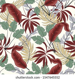 Abstract seamless tropical pattern with bright red and green plants and leaves on white background. 
Tropical botanical. Beautiful print with hand drawn exotic plants.