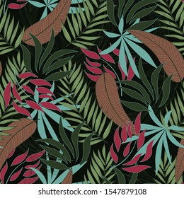 Abstract seamless tropical pattern with bright blue and green plants and leaves on black background.  Vector design. Jungle print. Floral background.  Tropic leaves in bright colors.