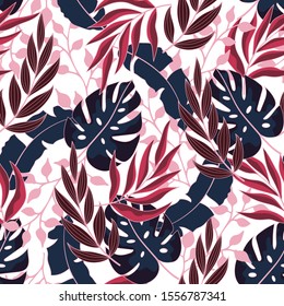 Abstract seamless tropical pattern with bright pink and purple plants and leaves on a light background. Printing and textiles.  
Exotic tropics. Summer. Tropic leaves in bright colors.