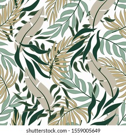 Abstract seamless tropical pattern with bright green plants and leaves on white background. Beautiful print with hand drawn exotic plants. Printing and textiles. 