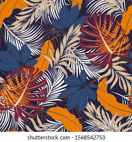 Abstract seamless tropical pattern with bright red and blue plants and leaves on dark background. Beautiful print with hand drawn exotic plants. Summer colorful hawaiian.