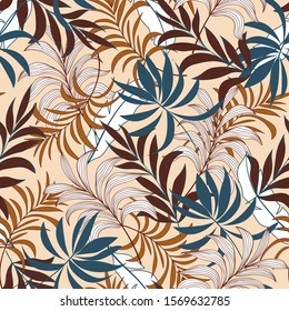 Abstract seamless tropical pattern with bright blue and yellow plants and leaves on beige background. Beautiful exotic plants.  Trendy summer Hawaii print. Summer colorful hawaiian.