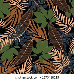 Abstract seamless tropical pattern with bright green and brown plants and leaves on black background. Seamless exotic pattern with tropical plants. Jungle leaf seamless vector floral pattern