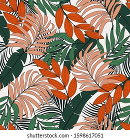Abstract seamless tropical pattern with bright orange and green plants and leaves on white background. 
Summer colorful hawaiian seamless pattern with tropical plants. Tropical botanical.