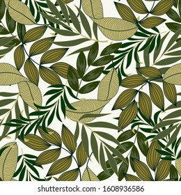 Abstract seamless tropical pattern with bright yellow and green plants and leaves on a white background. Jungle leaf seamless vector floral pattern background. Exotic jungle wallpaper.