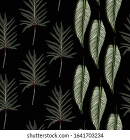 Abstract seamless tropical pattern with bright colorful leaves on black background. Seamless exotic pattern with tropical plants. Exotic wallpaper. Trendy summer Hawaii print.